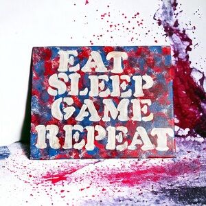 JenDore Handmade Hand-painted " Eat Sleep Game Repeat " 8x10 Blue Red Canvas Wal